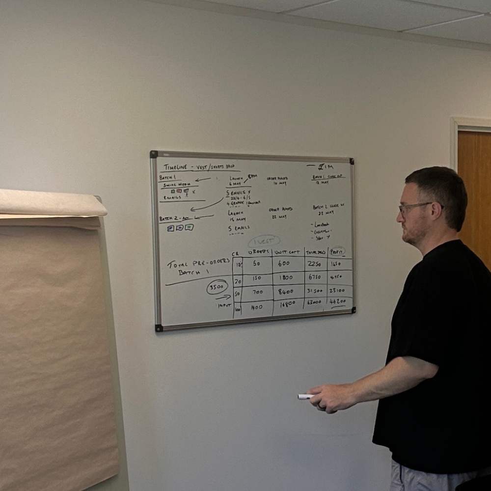 Ben Evans planning a product drop on a whiteboard: batches, timelines and unit economics